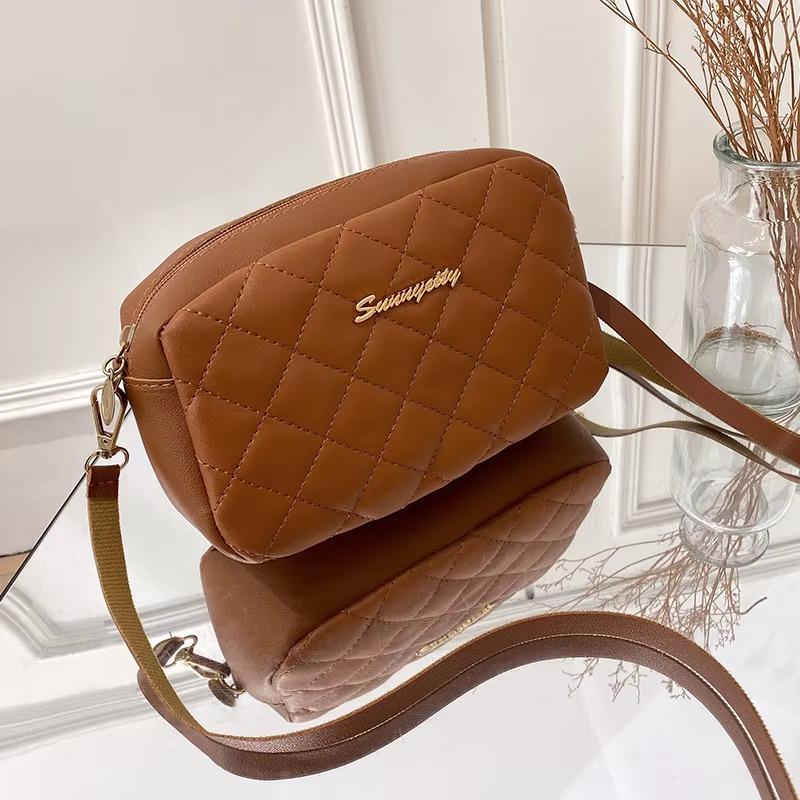 Mini Quilted PU Leather Crossbody Bag for Women – Small Phone Purse, Rhombus Pattern - Brown