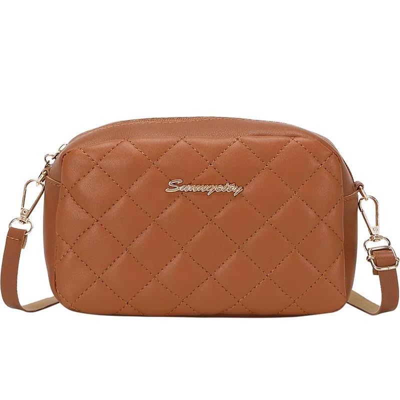 Mini Quilted PU Leather Crossbody Bag for Women – Small Phone Purse, Rhombus Pattern - Brown