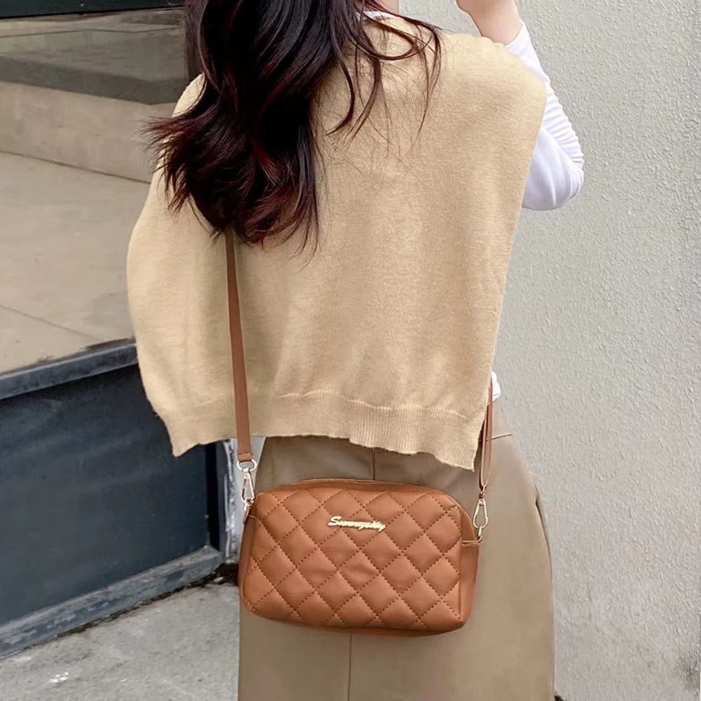 Mini Quilted PU Leather Crossbody Bag for Women – Small Phone Purse, Rhombus Pattern - Brown