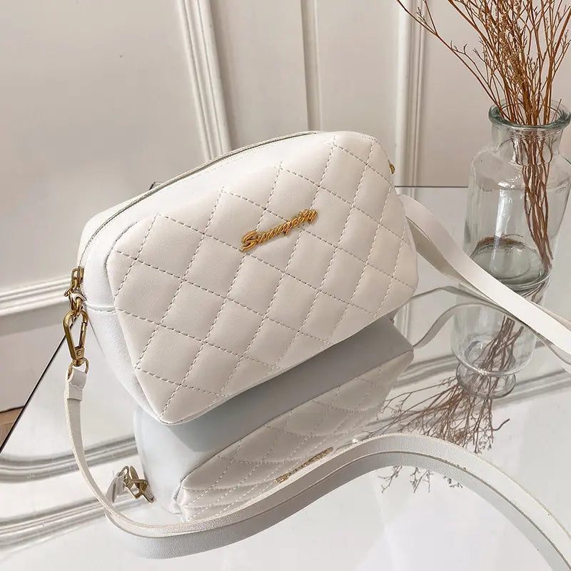 Mini Quilted PU Leather Crossbody Bag for Women – Small Phone Purse, Rhombus Pattern - White