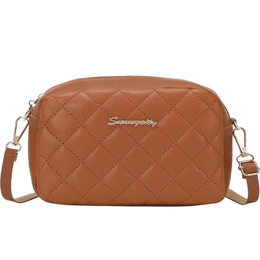 Mini Quilted PU Leather Crossbody Bag for Women – Small Phone Purse, Rhombus Pattern - Brown