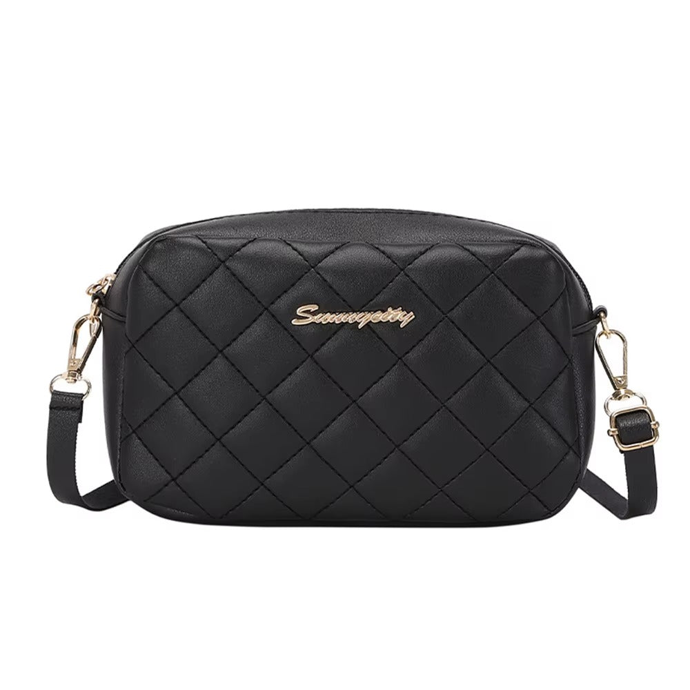 Mini Quilted PU Leather Crossbody Bag for Women – Small Phone Purse, Rhombus Pattern - Black